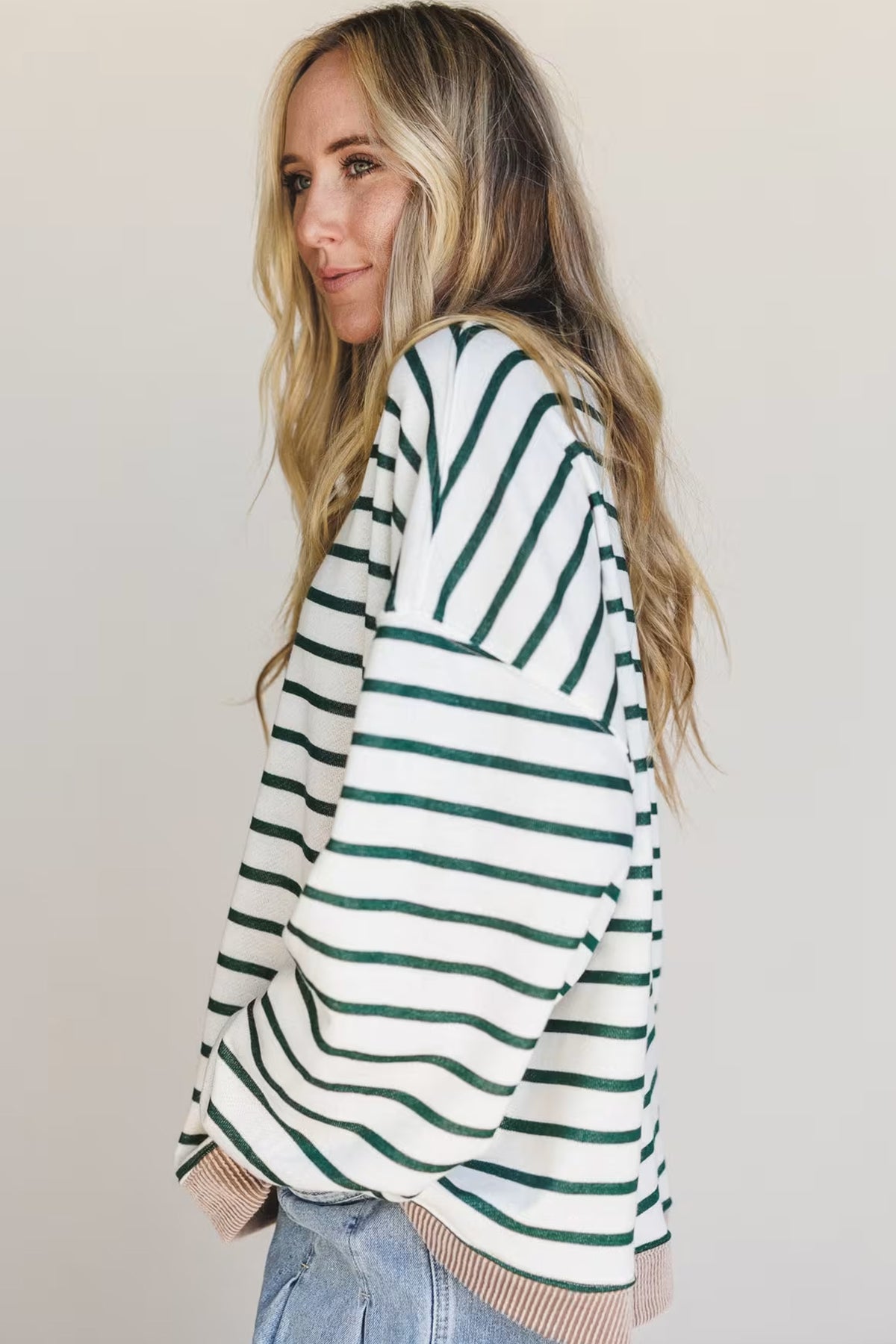 White Stripe Ribbed Drop-Shoulder Sweatshirt