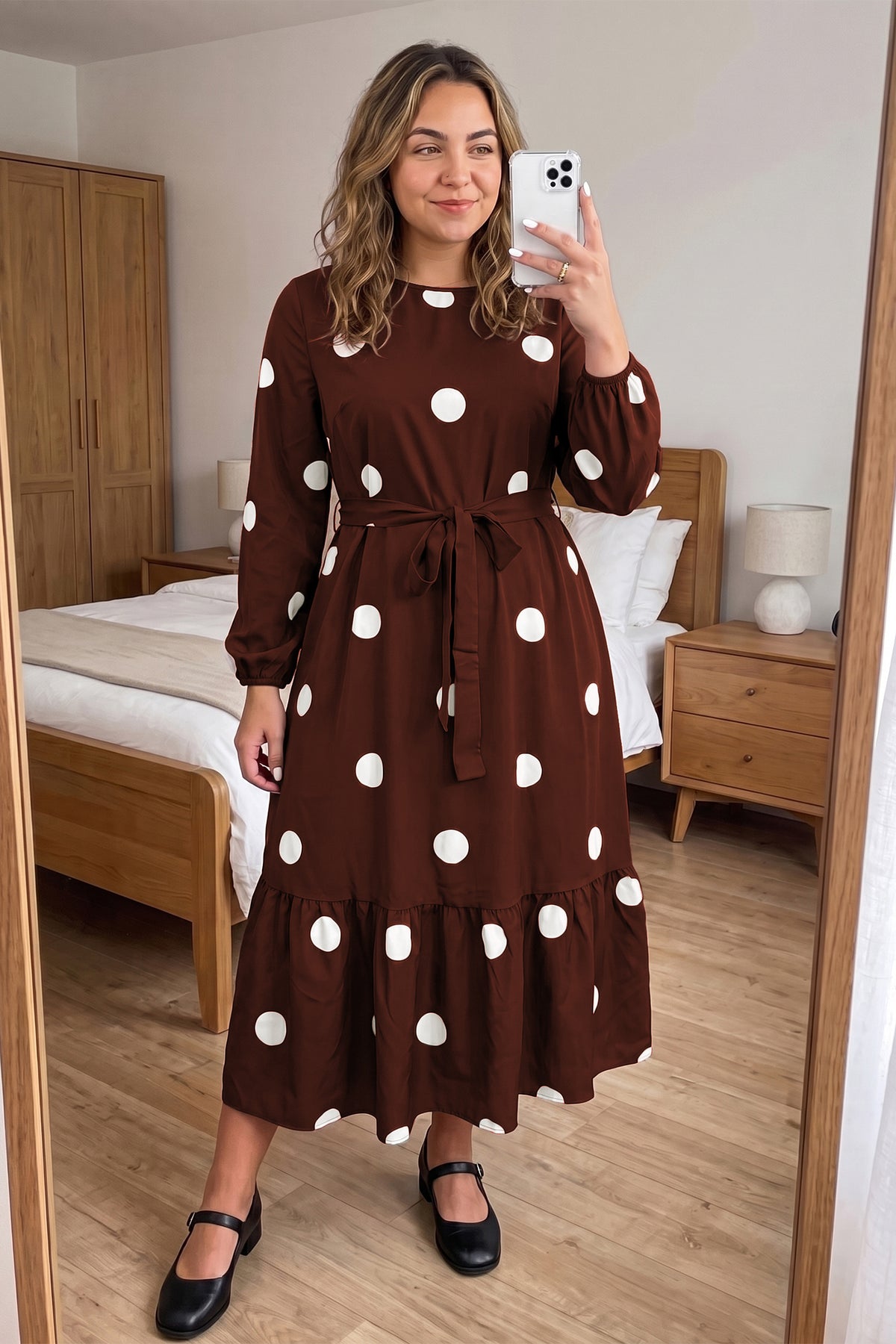 Brown Polka Dot Tie-Waist Dress