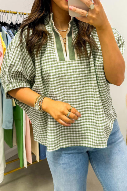 Plaid Colorblock Split-Neck Blouse