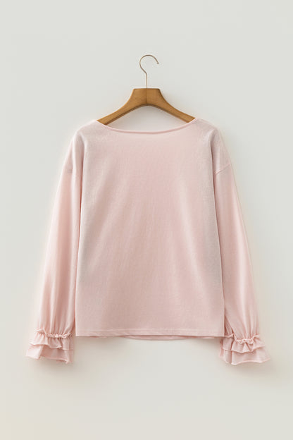 Gossamer Pink Long Sleeve Ruffle Cuff Elegant Top