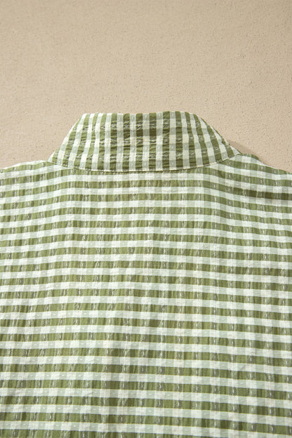 Plaid Colorblock Split-Neck Blouse