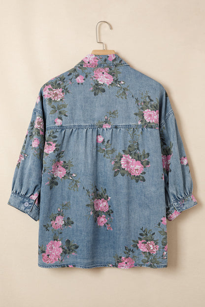 Floral Denim Bracelet-Sleeve Shirt