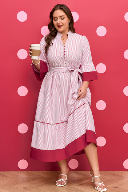 Red Stripe Ruffle-Hem Midi Dress