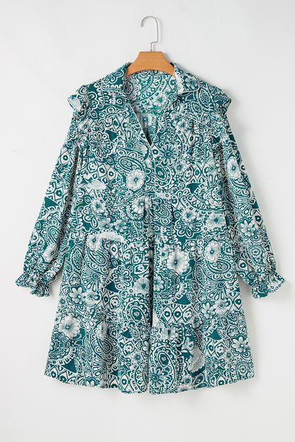 Green Floral Flounce-Sleeve Dress