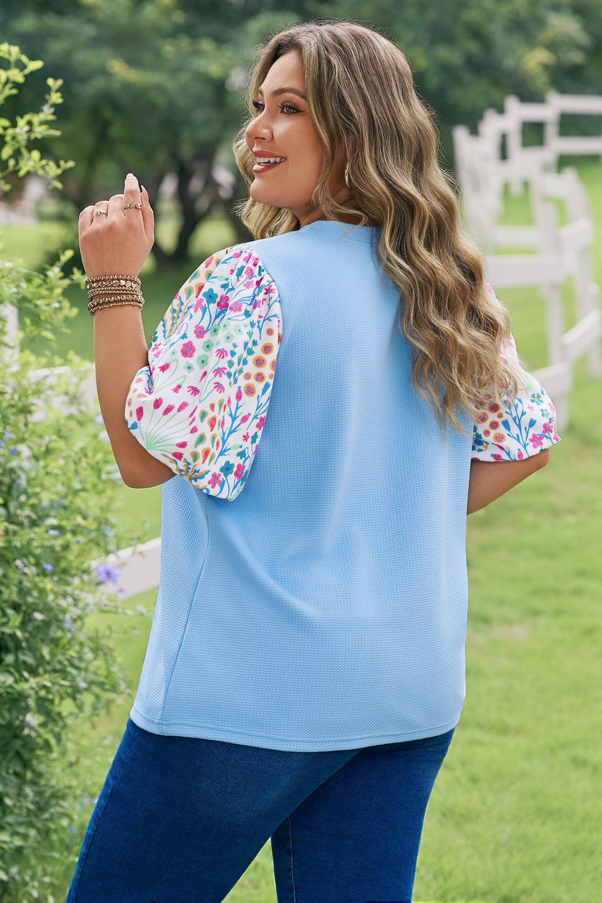 Floral-Sleeve Textured Top