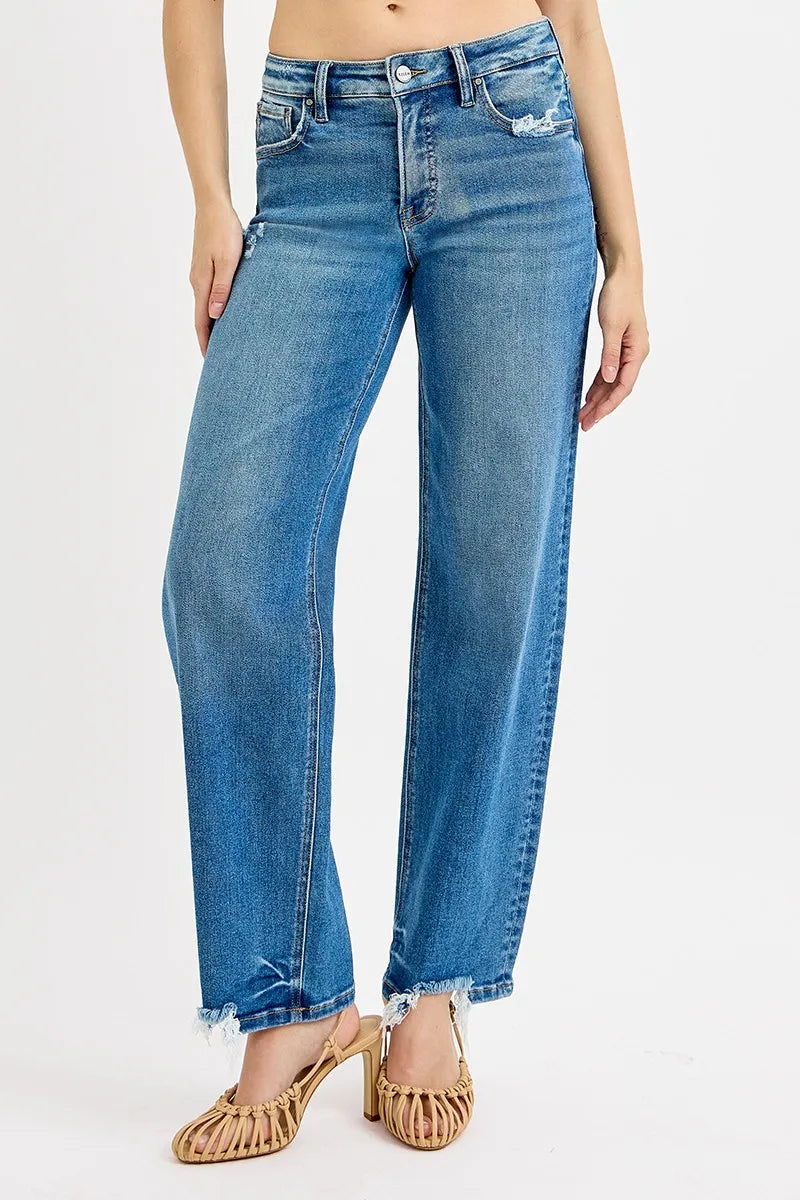 RISEN Mid Rise Raw Hem Baggy Jeans