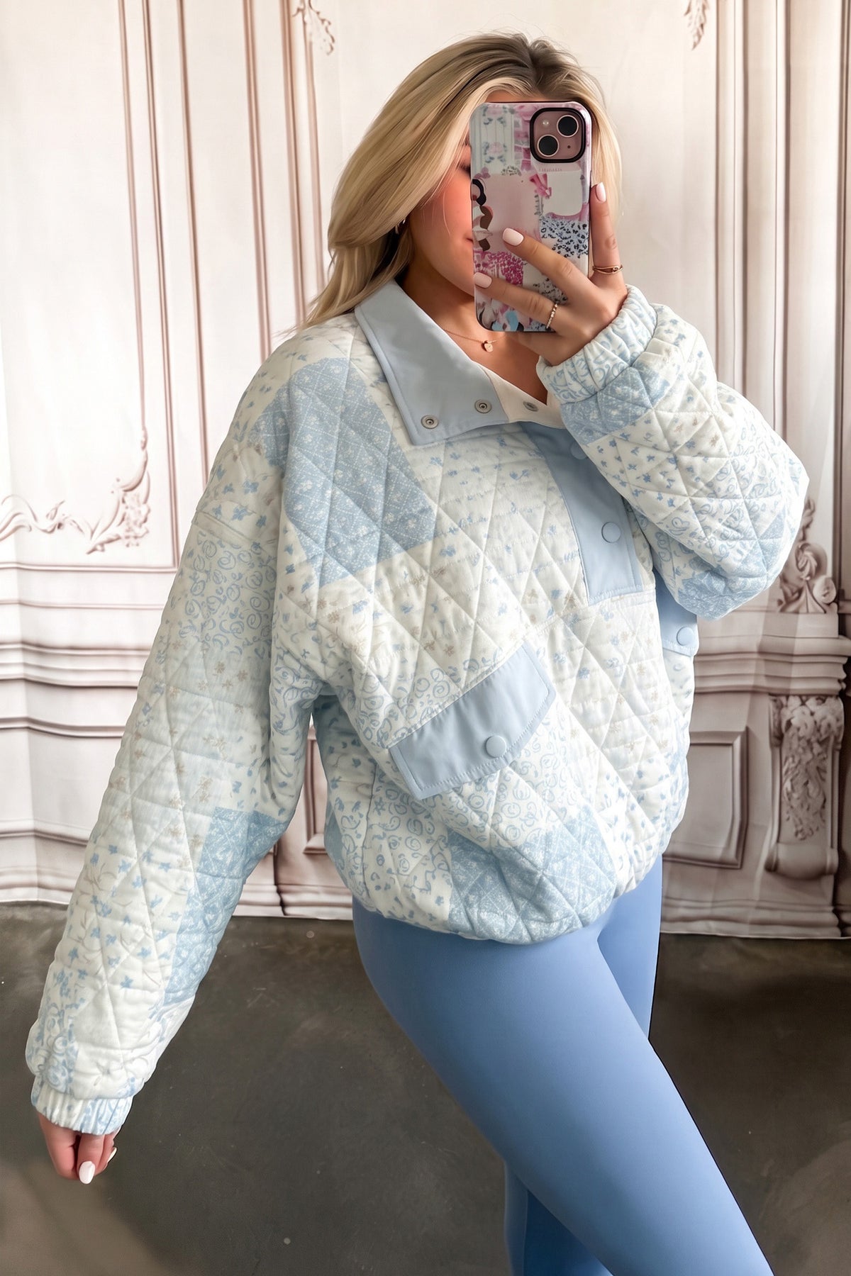 Quilted Floral Half-Button Sweatshirt