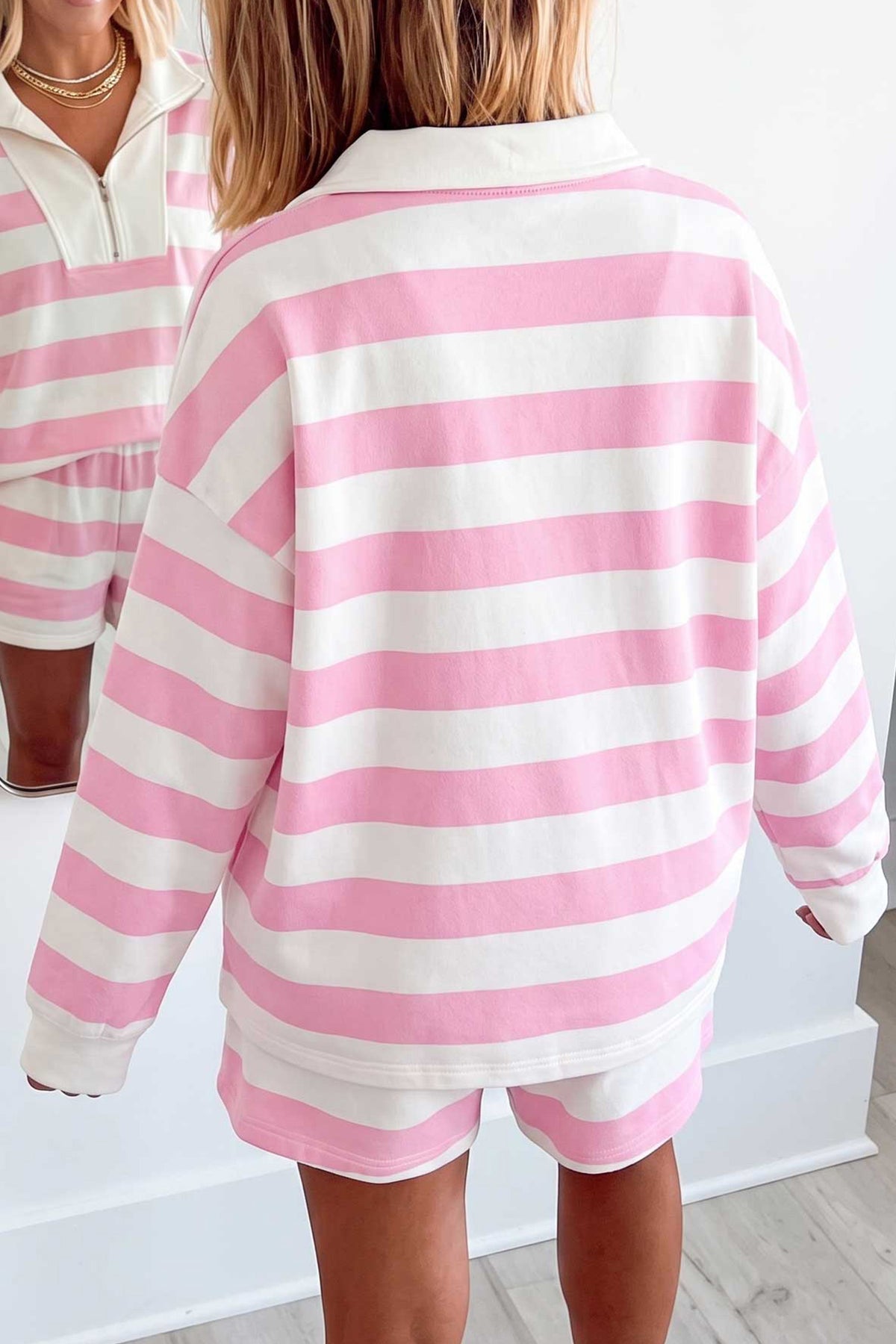Pink Stripe Quarter-Zip Shorts Set