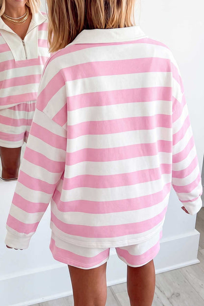 Pink Stripe Quarter-Zip Shorts Set