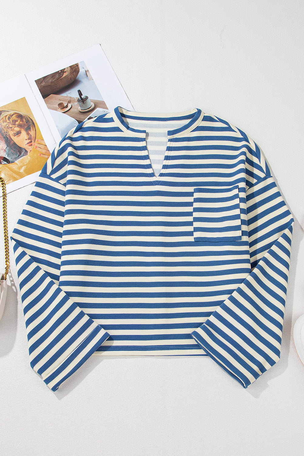 Striped Pocket Notch-Neck Top