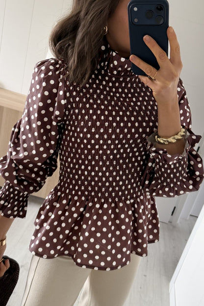 Polka Dot Ruffle-Neck Blouse
