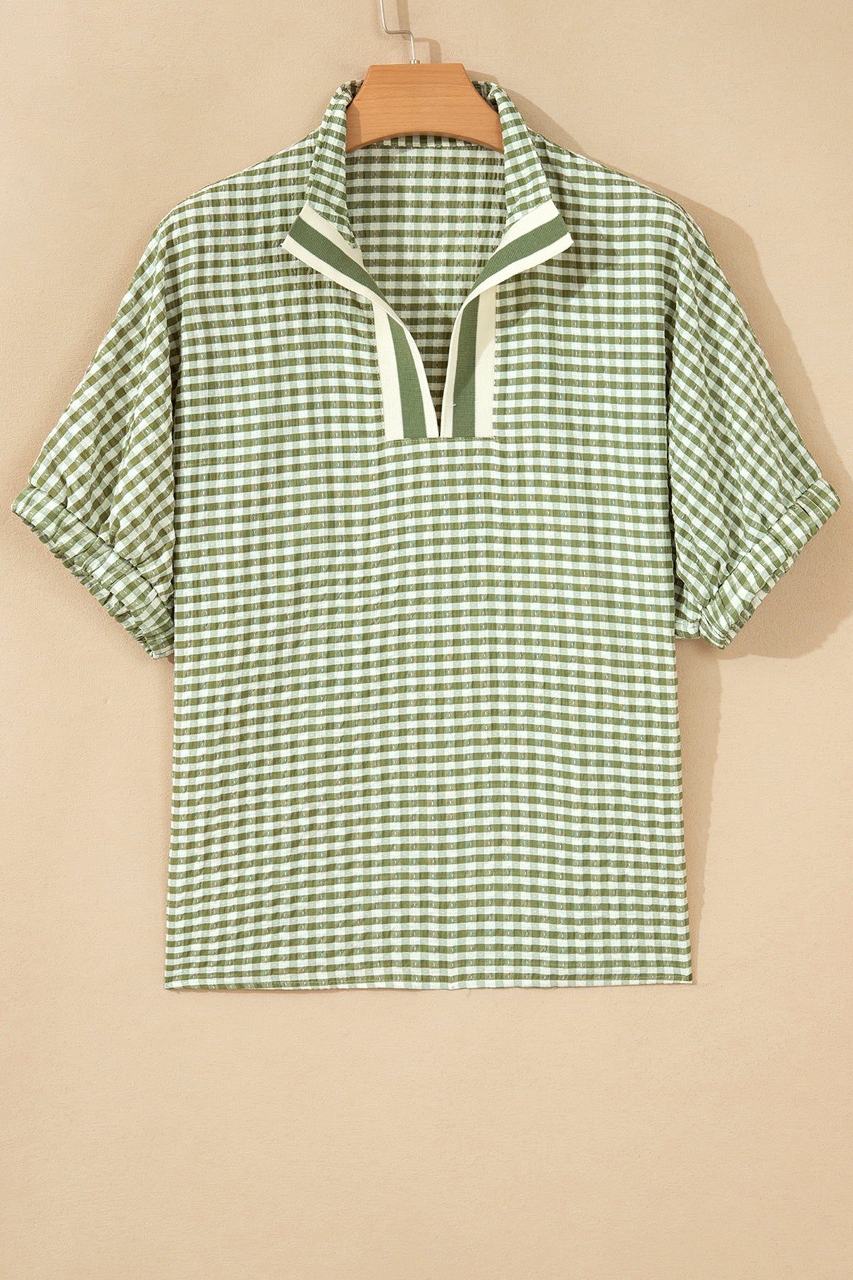 Plaid Colorblock Split-Neck Blouse