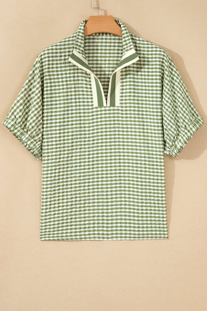 Plaid Colorblock Split-Neck Blouse