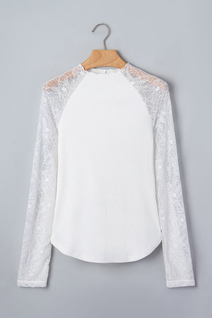 Solid Sheer Lace Long Sleeve Ribbed Knit Top