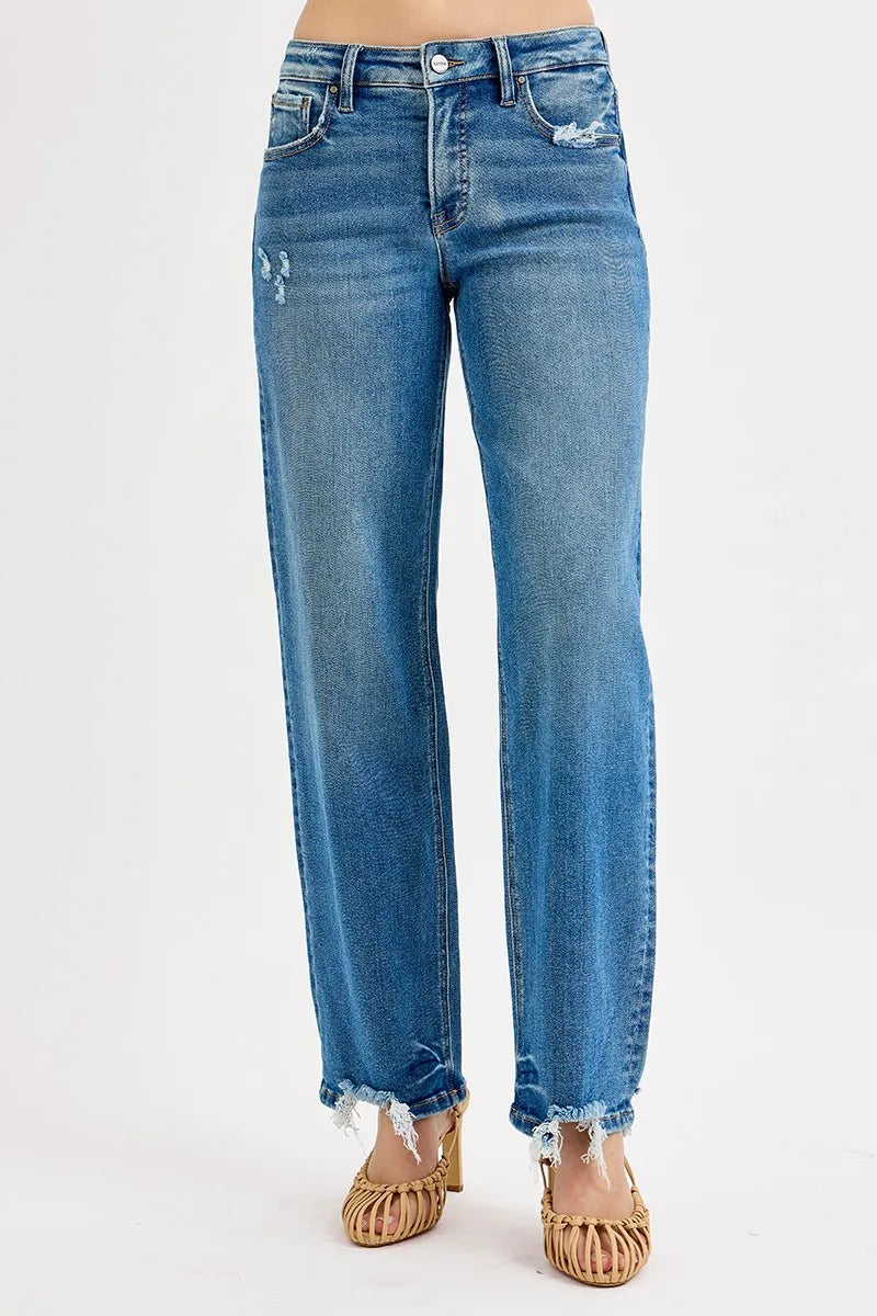 RISEN Mid Rise Raw Hem Baggy Jeans