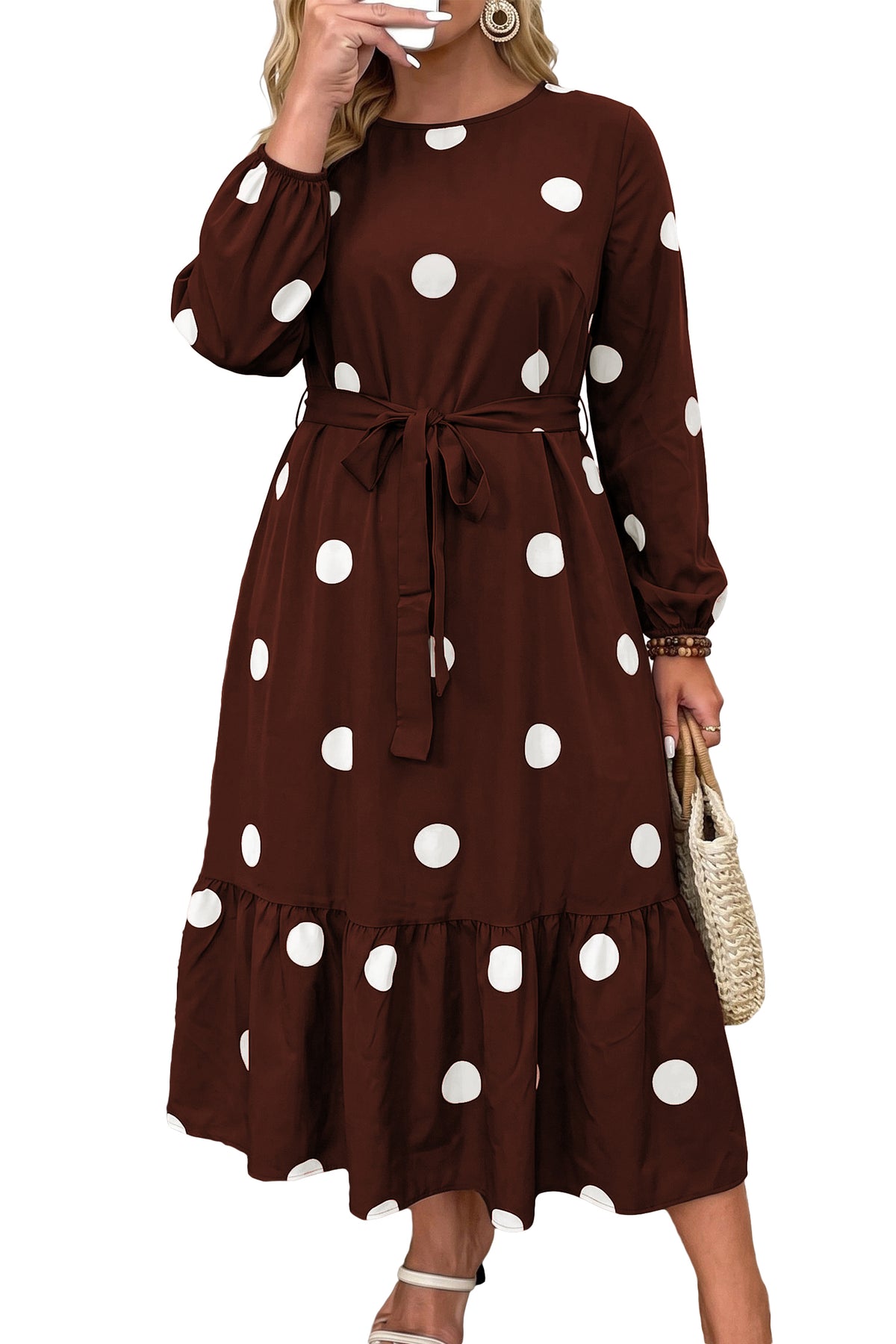 Brown Polka Dot Tie-Waist Dress