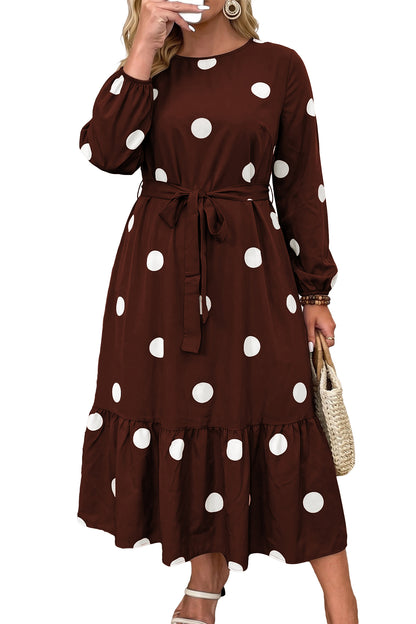 Brown Polka Dot Tie-Waist Dress