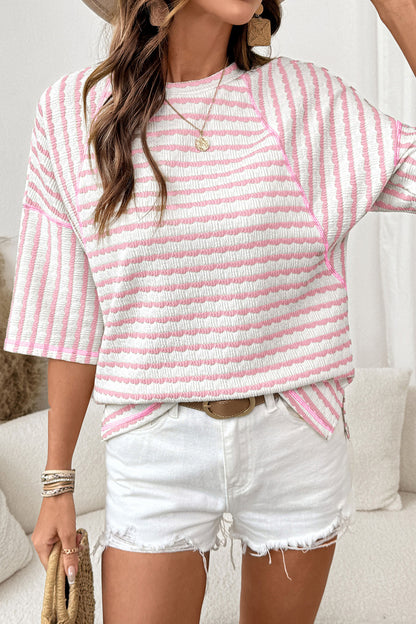 Textured Knit Split Hem Half Sleeve Loose Top