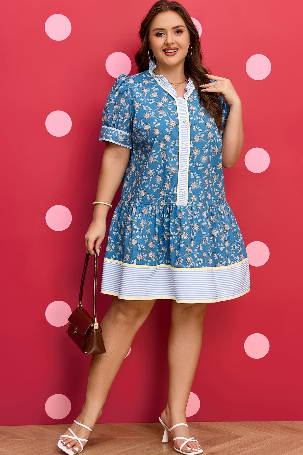 Blue Floral Stripe Ruffle Dress