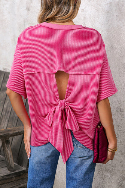 Ribbed Cutout Bow-Back Tee