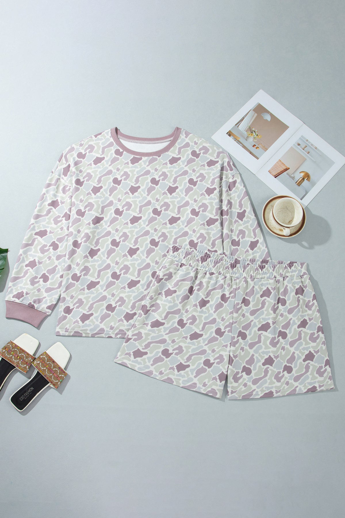 Plus Size Camo Waffle Shorts Set