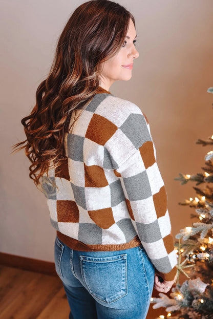 Brown Checkered Crewneck Sweater