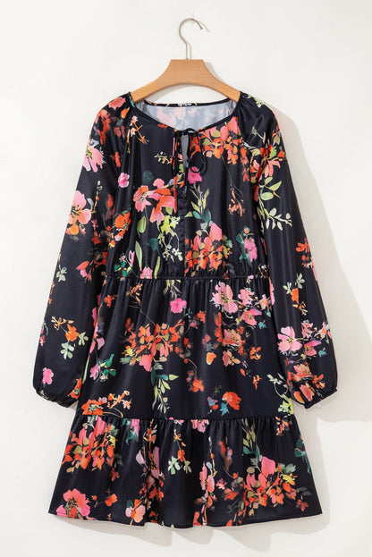 Black Floral Tie-Neck Mini Dress