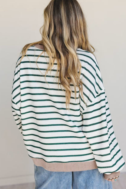 White Stripe Ribbed Drop-Shoulder Sweatshirt