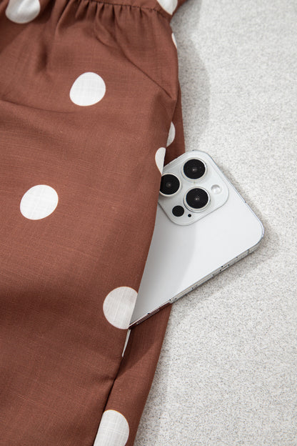 Brown Polka Dot Pocket Midi Dress