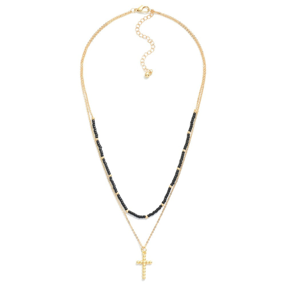 Layered Chain Link Beaded Necklace Featuring Dainty Ball Cross Pendant