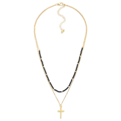 Layered Chain Link Beaded Necklace Featuring Dainty Ball Cross Pendant