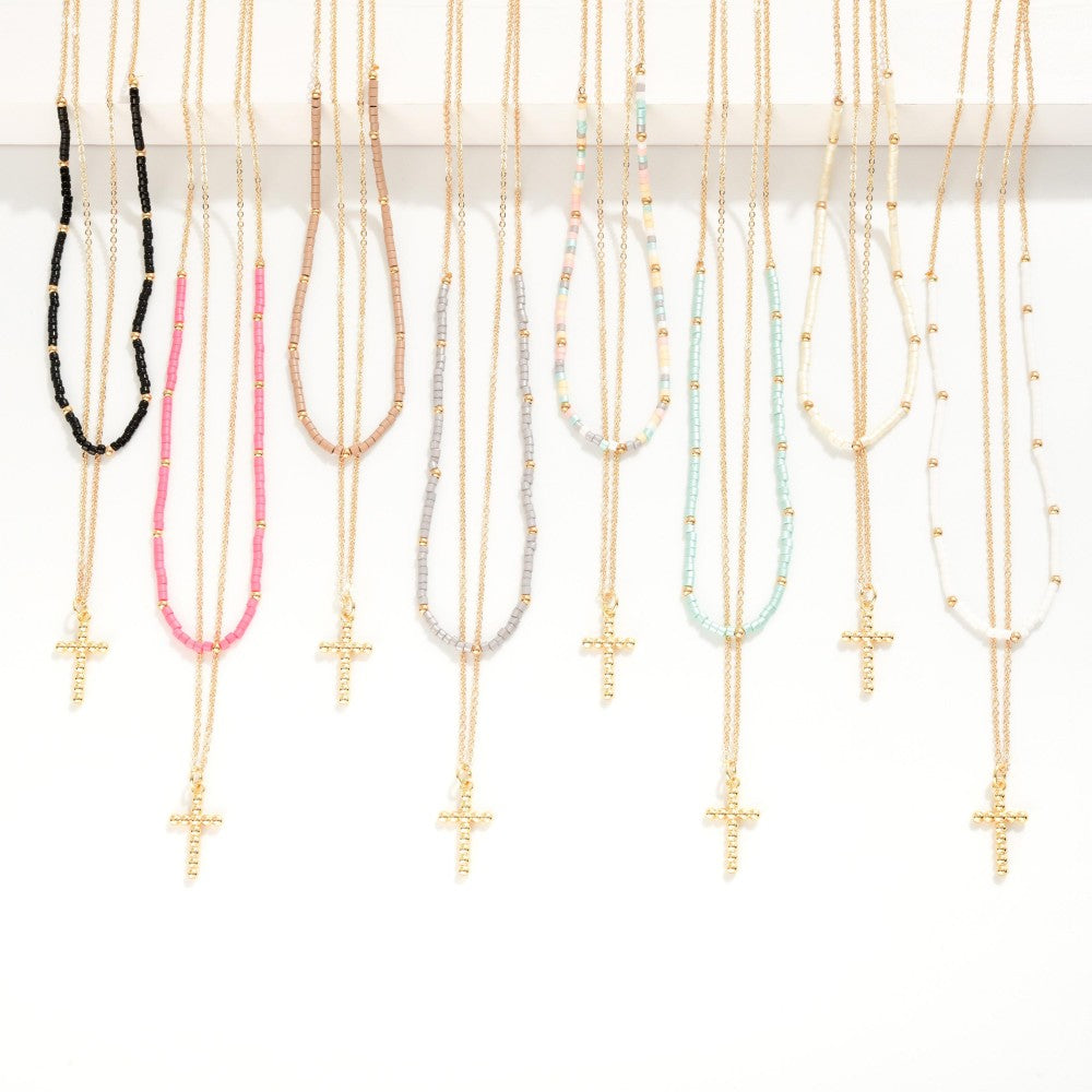 Layered Chain Link Beaded Necklace Featuring Dainty Ball Cross Pendant