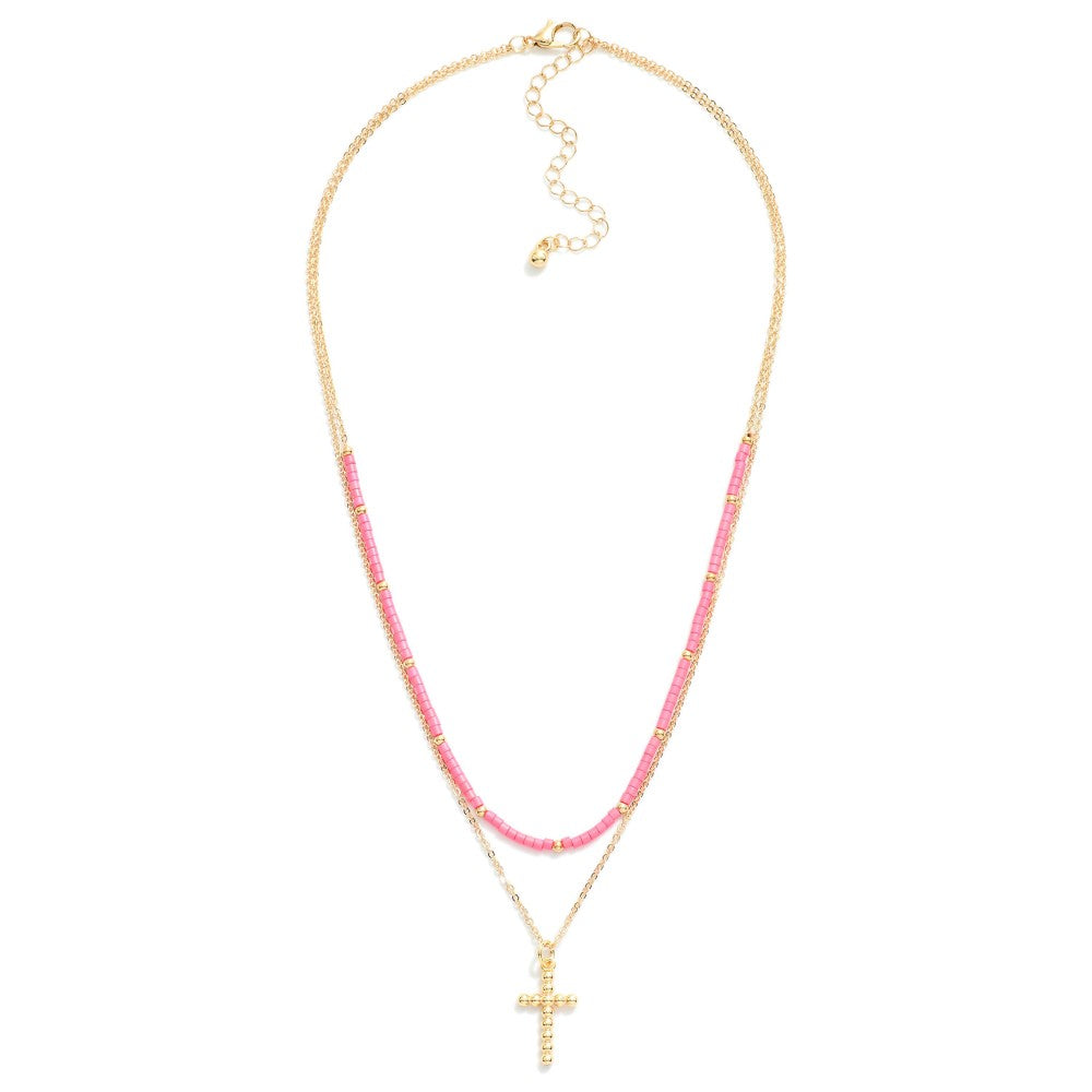 Layered Chain Link Beaded Necklace Featuring Dainty Ball Cross Pendant