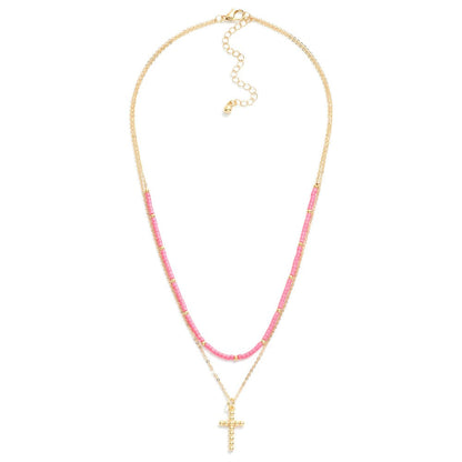 Layered Chain Link Beaded Necklace Featuring Dainty Ball Cross Pendant