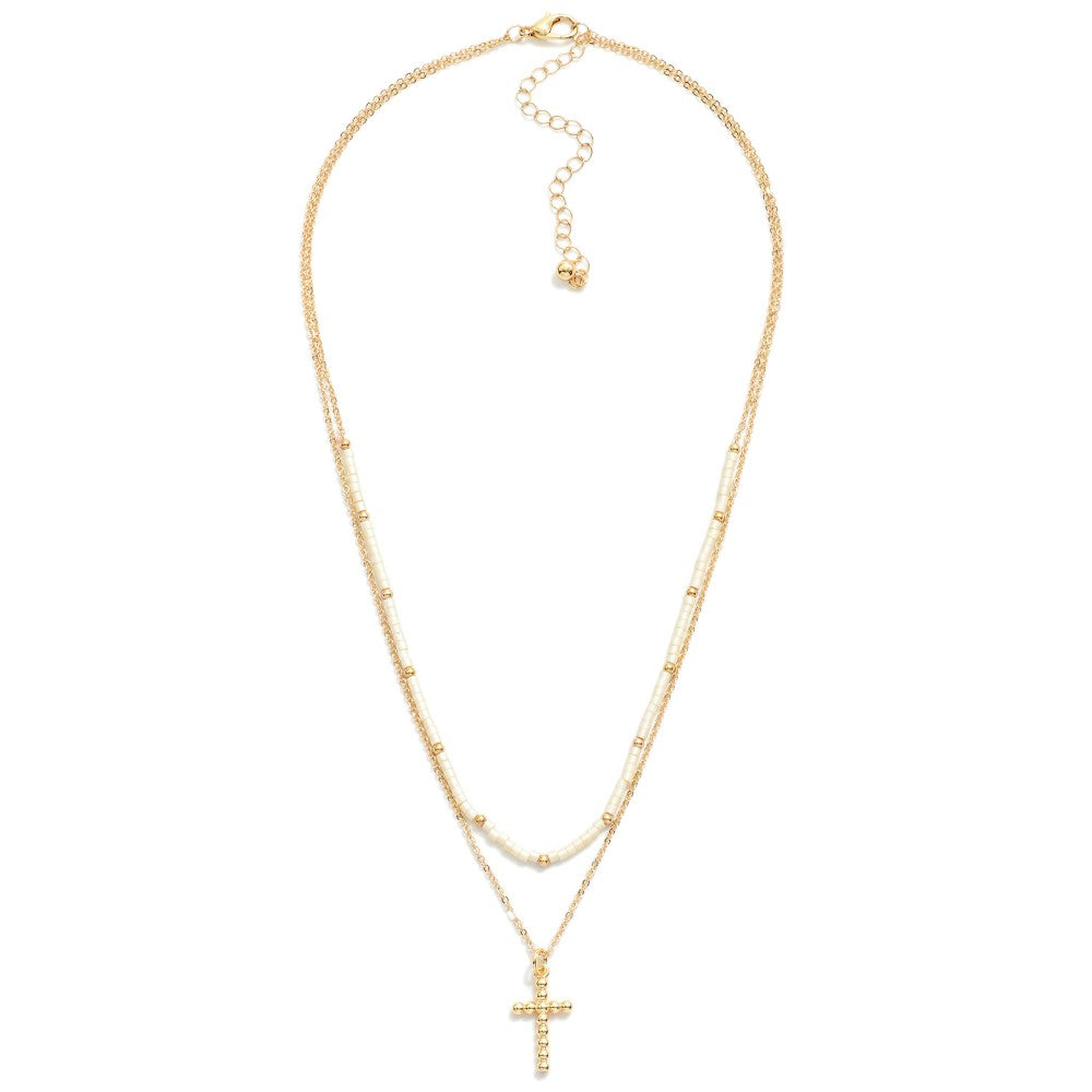 Layered Chain Link Beaded Necklace Featuring Dainty Ball Cross Pendant