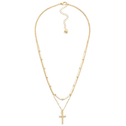 Layered Chain Link Beaded Necklace Featuring Dainty Ball Cross Pendant
