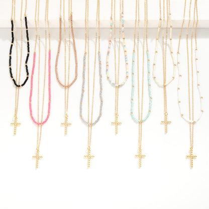 Layered Chain Link Beaded Necklace Featuring Dainty Ball Cross Pendant