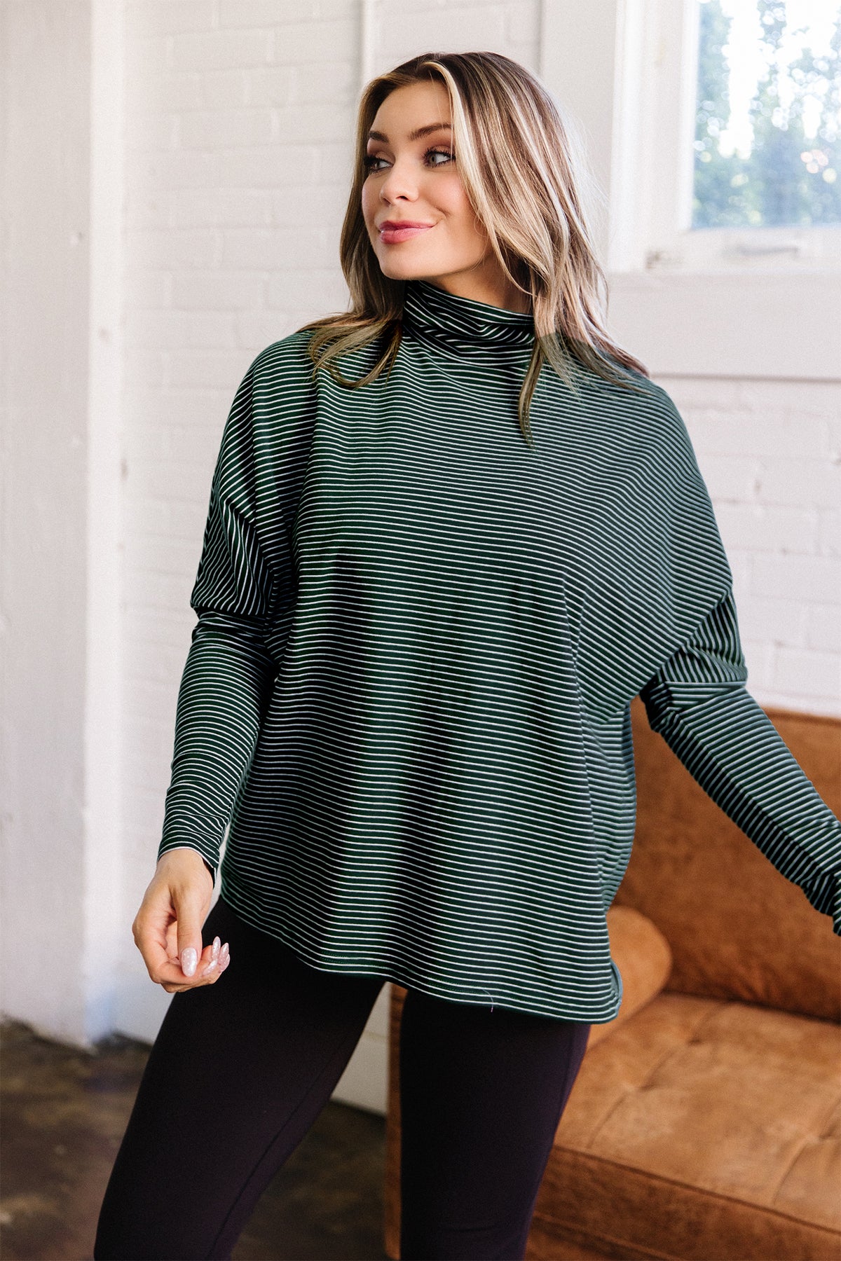 Striped High-Neck Drop-Shoulder Top