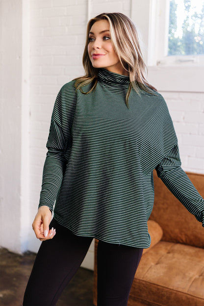 Striped High-Neck Drop-Shoulder Top