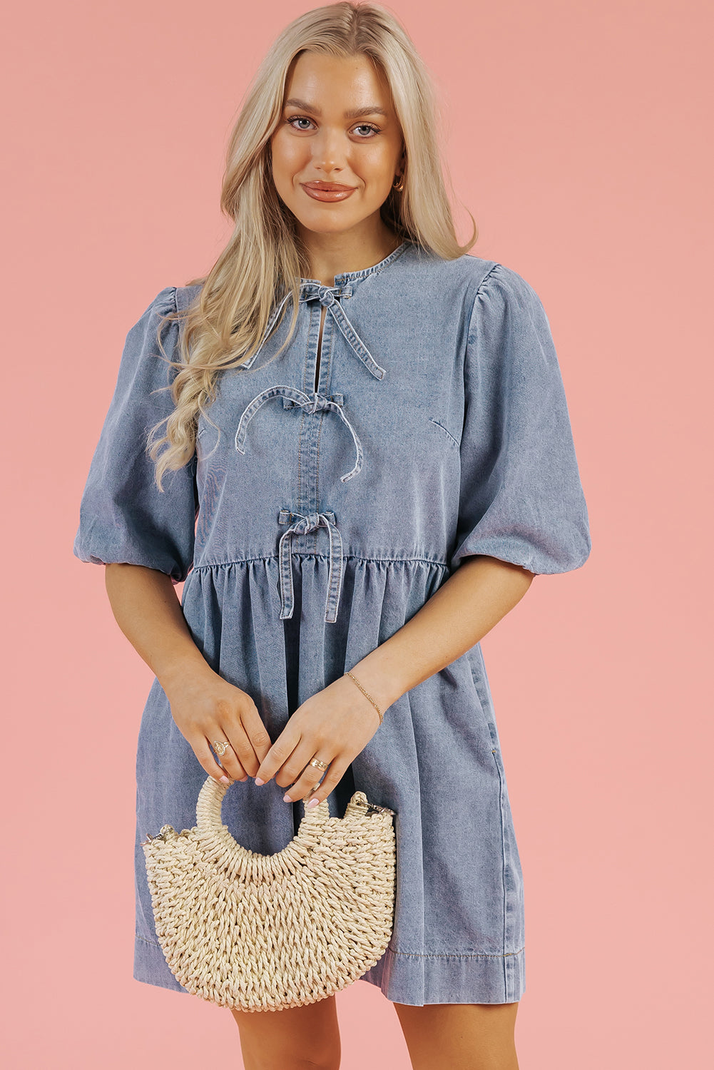 Bluebell Denim Bow Puff Sleeve Mini Dress