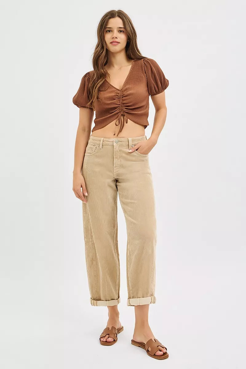 RISEN High Rise Cropped Barrel Corduroy Pants