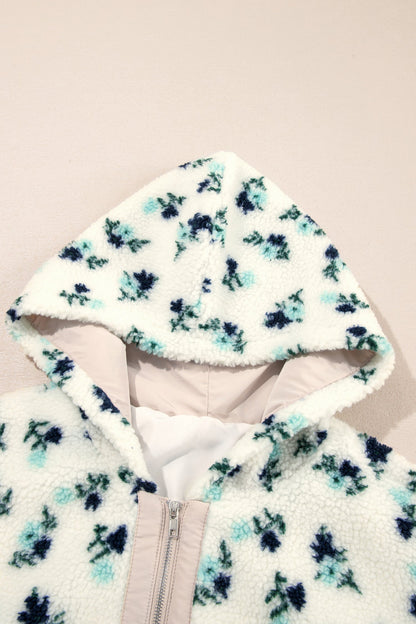 Floral Sherpa Fleece Zip-Up Hooded Jacket