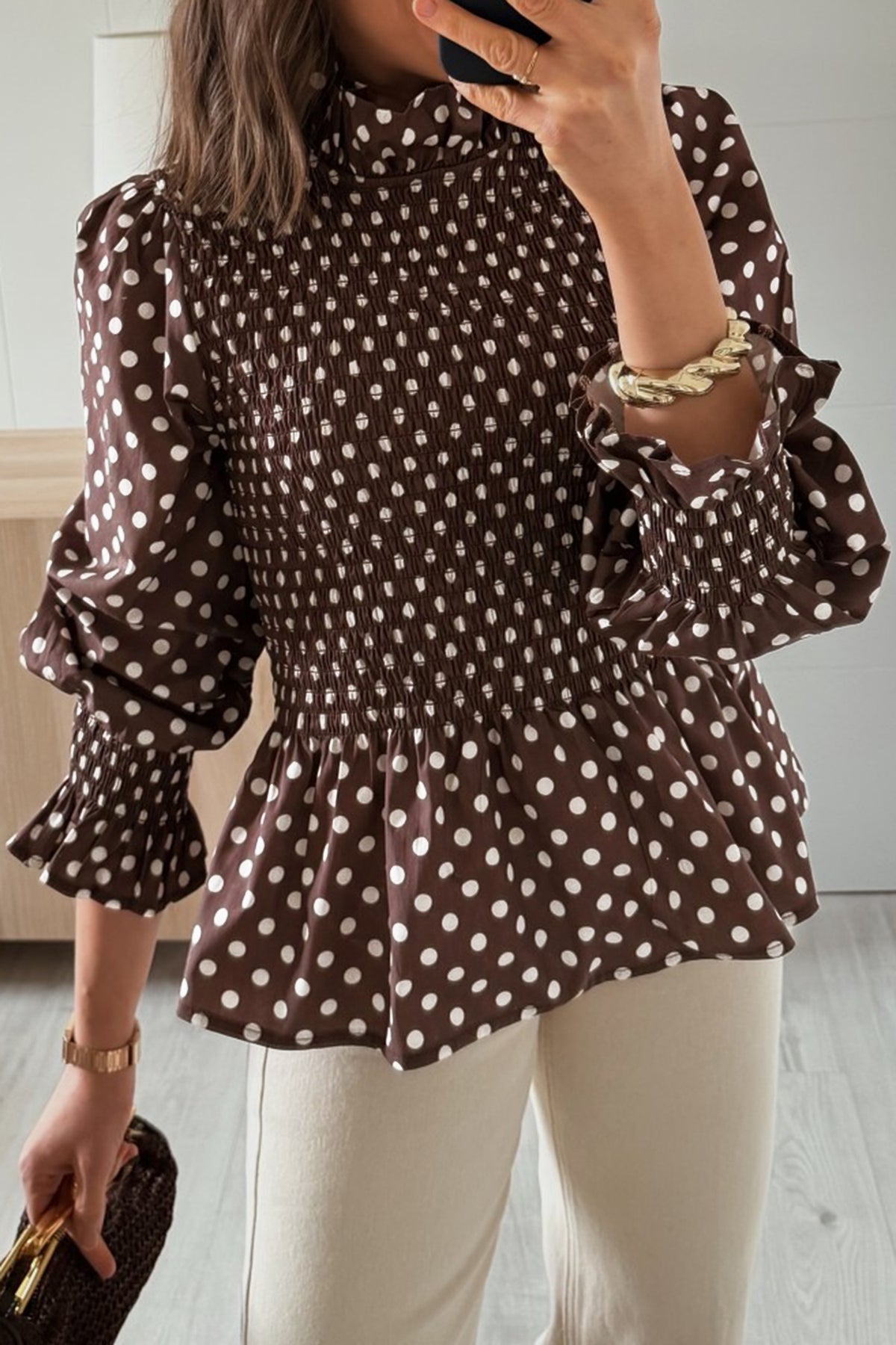 Polka Dot Ruffle-Neck Blouse