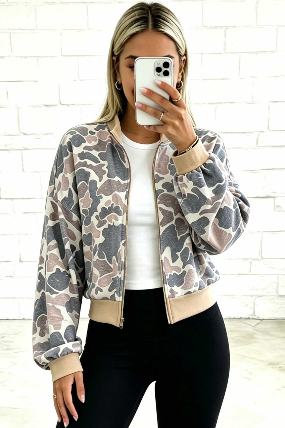 Camo Colorblock Zip Bomber Sweatshirt