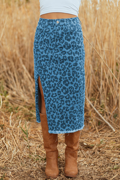 Leopard Denim Midi Skirt