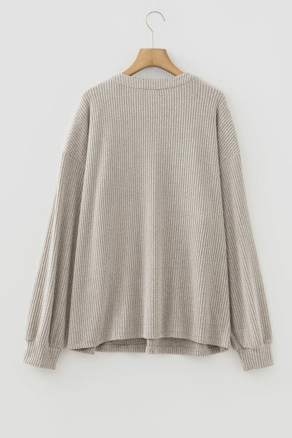 Plus Size Ribbed Knit Kangaroo Pocket Henley Top