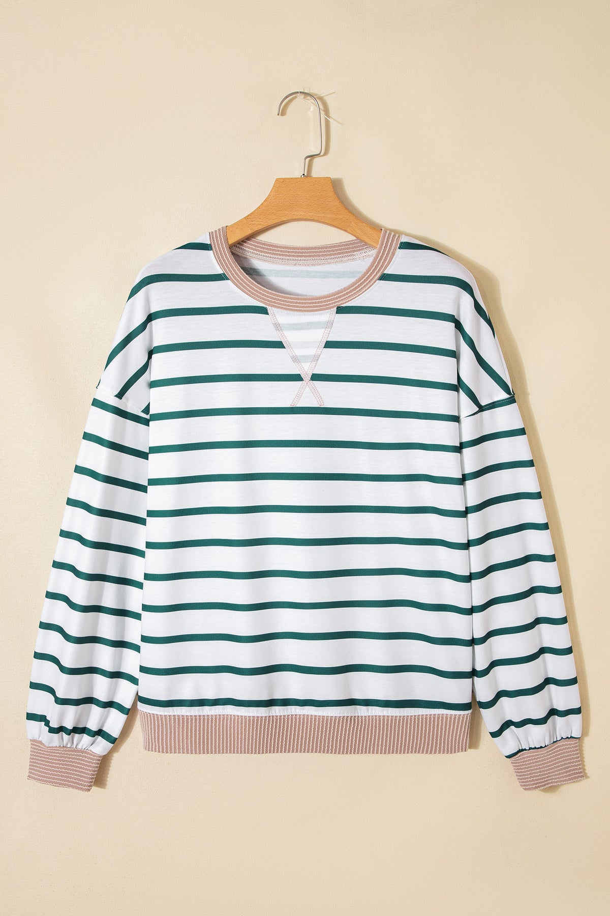 White Stripe Ribbed Drop-Shoulder Sweatshirt