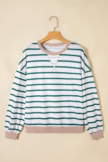 White Stripe Ribbed Drop-Shoulder Sweatshirt
