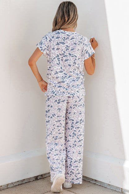 Beige Camouflage Print Twisted Rib Loose Tee Drawstring Pants Set