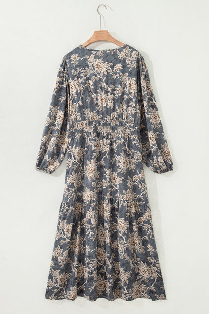 Sky Blue Floral Smocked Maxi Dress